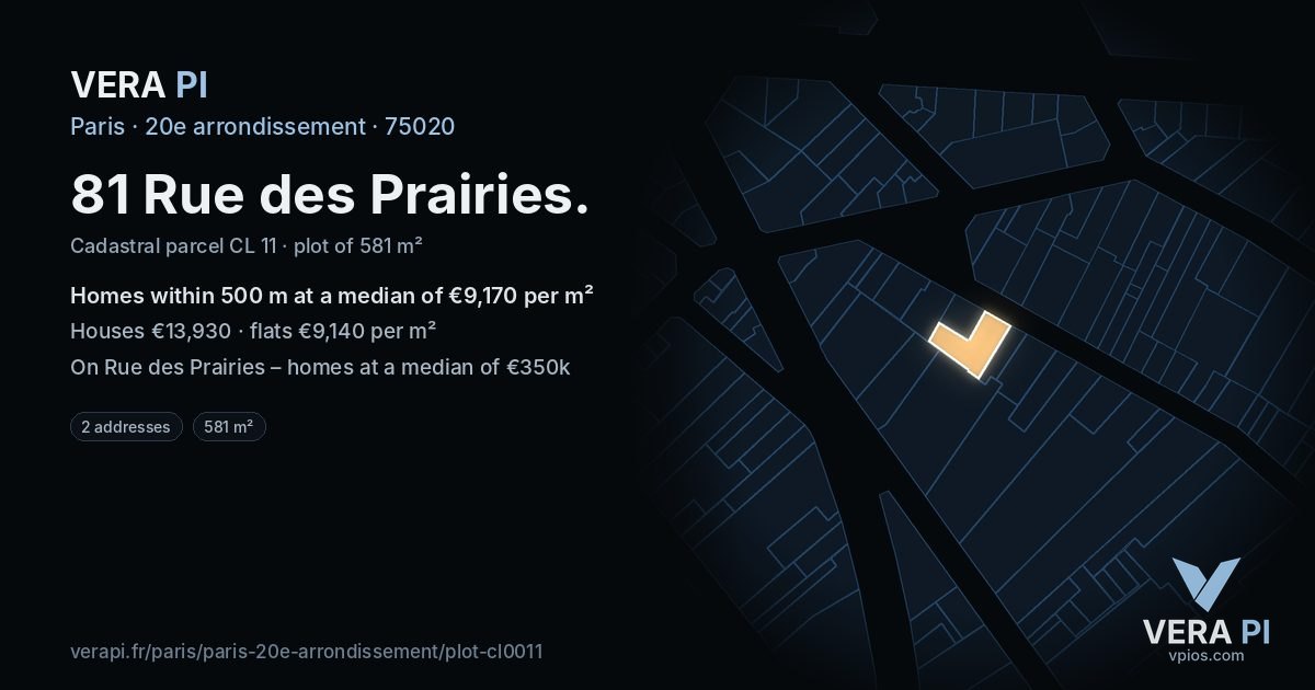 81 Rue des Prairies, 20e arrondissement at night – the plot lit, the parcels around coloured by the prices near them
