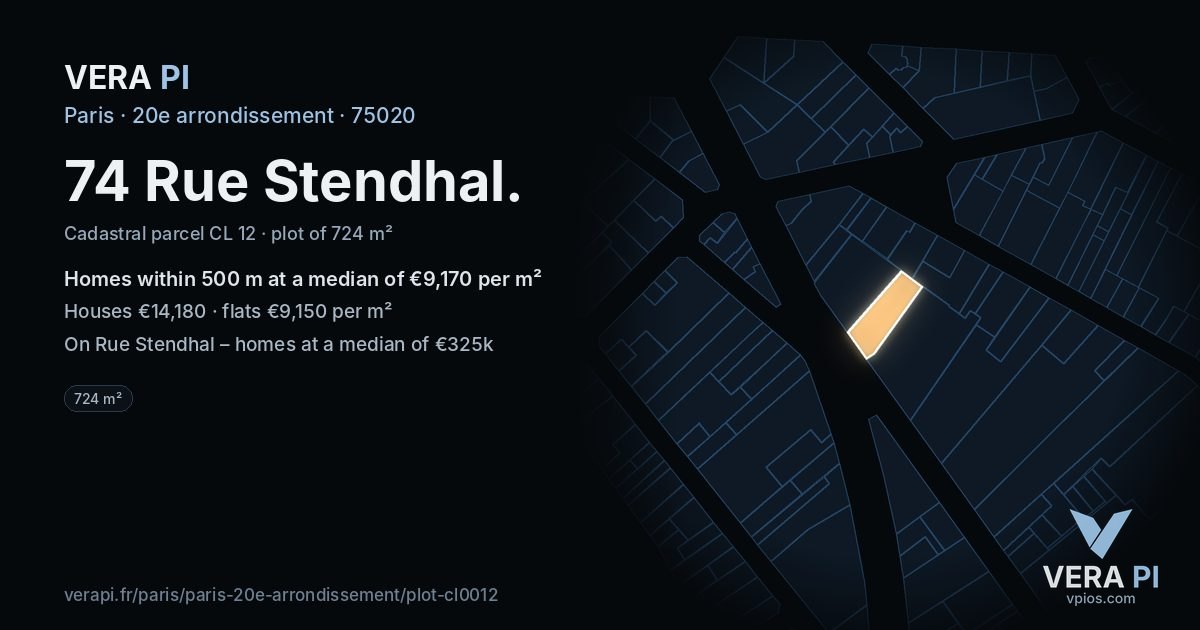 74 Rue Stendhal, 20e arrondissement at night – the plot lit, the parcels around coloured by the prices near them
