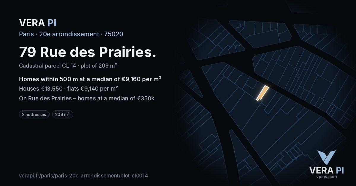79 Rue des Prairies, 20e arrondissement at night – the plot lit, the parcels around coloured by the prices near them