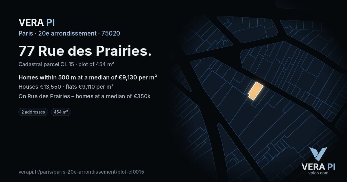77 Rue des Prairies, 20e arrondissement at night – the plot lit, the parcels around coloured by the prices near them