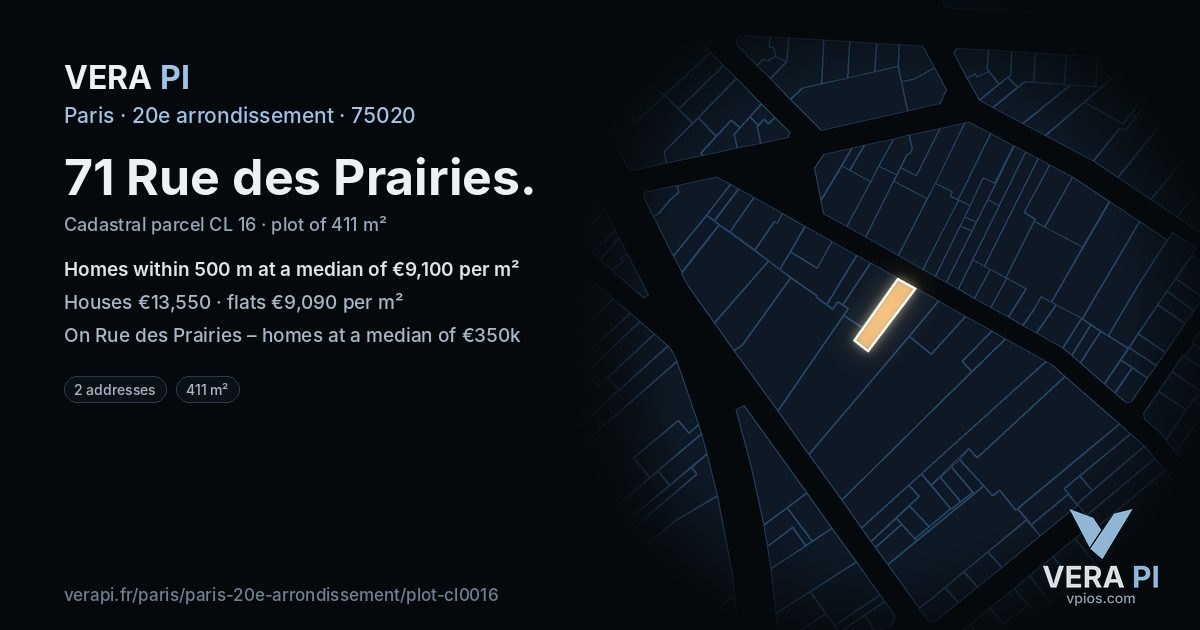 71 Rue des Prairies, 20e arrondissement at night – the plot lit, the parcels around coloured by the prices near them