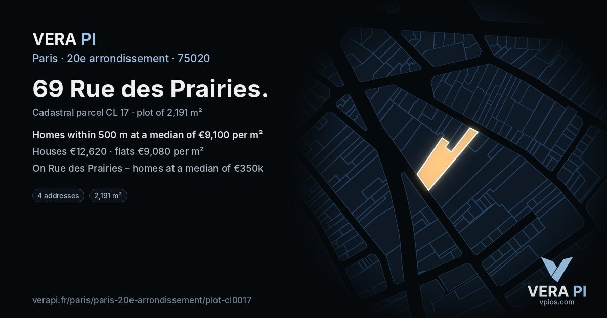 69 Rue des Prairies, 20e arrondissement at night – the plot lit, the parcels around coloured by the prices near them