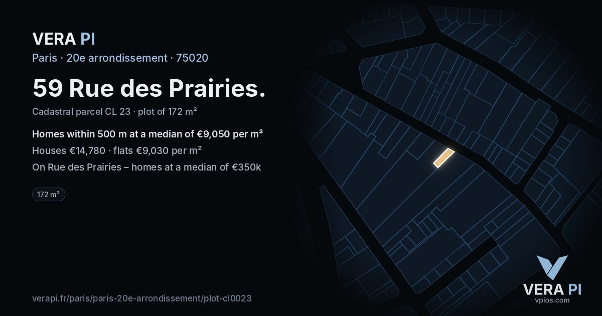 59 Rue des Prairies, 20e arrondissement at night – the plot lit, the parcels around coloured by the prices near them