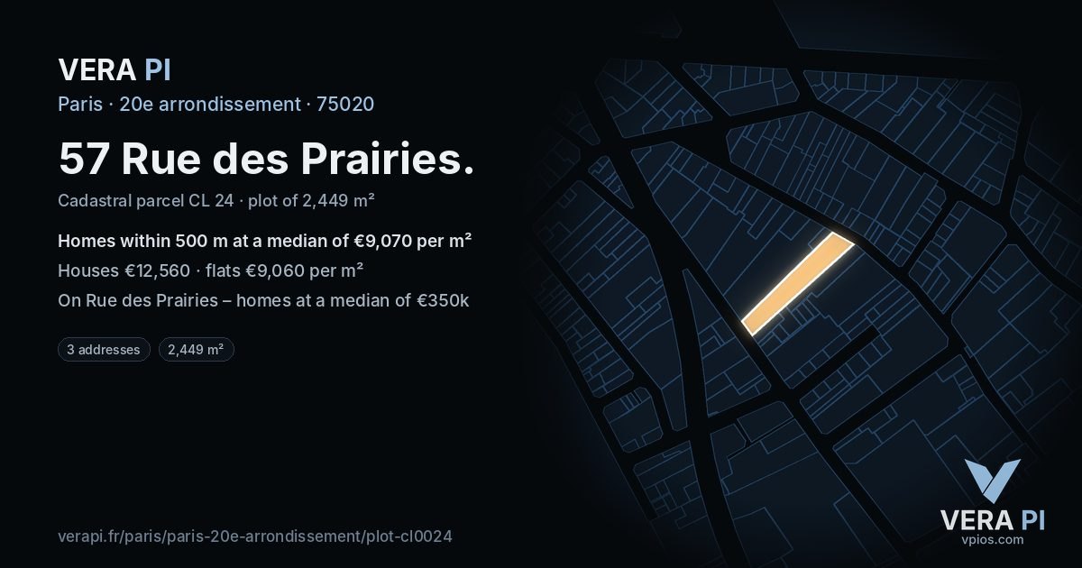 57 Rue des Prairies, 20e arrondissement at night – the plot lit, the parcels around coloured by the prices near them