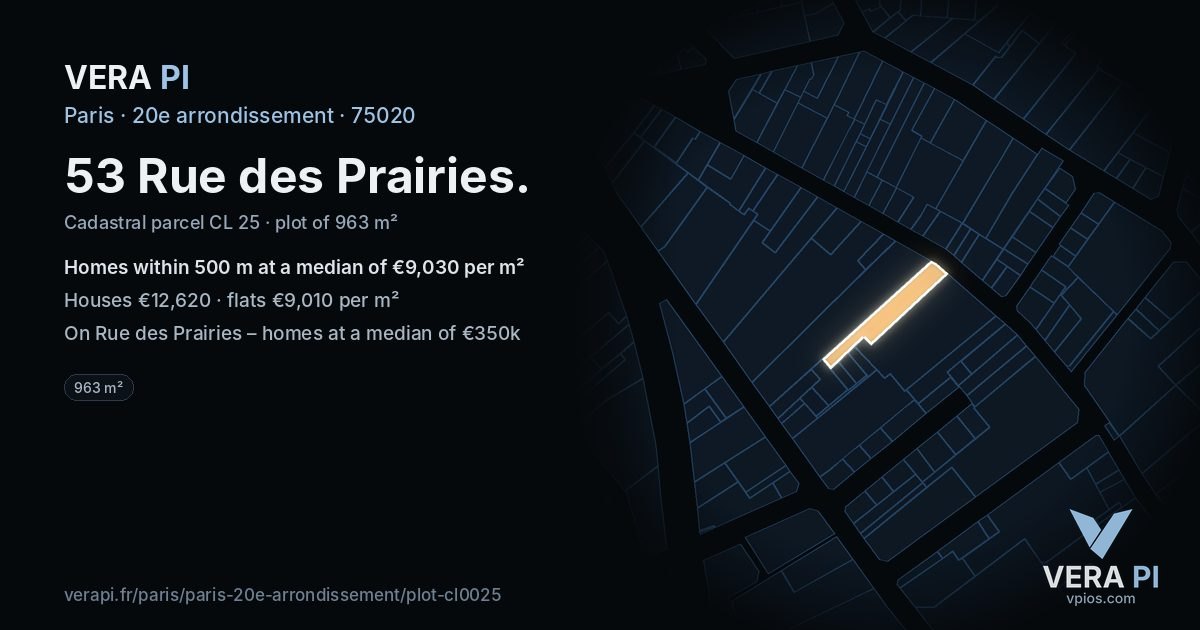 53 Rue des Prairies, 20e arrondissement at night – the plot lit, the parcels around coloured by the prices near them