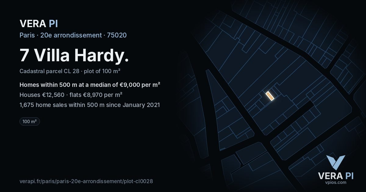 7 Villa Hardy, 20e arrondissement at night – the plot lit, the parcels around coloured by the prices near them