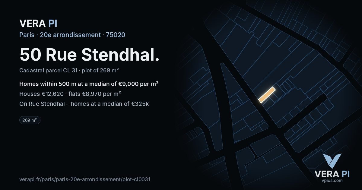 50 Rue Stendhal, 20e arrondissement at night – the plot lit, the parcels around coloured by the prices near them