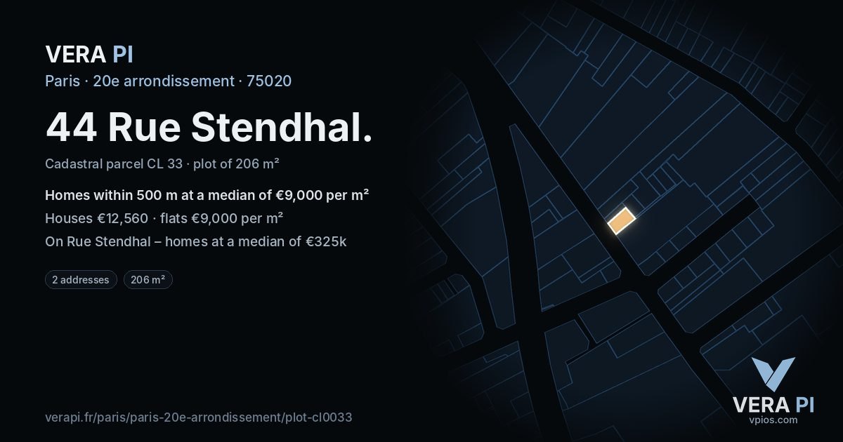 44 Rue Stendhal, 20e arrondissement at night – the plot lit, the parcels around coloured by the prices near them