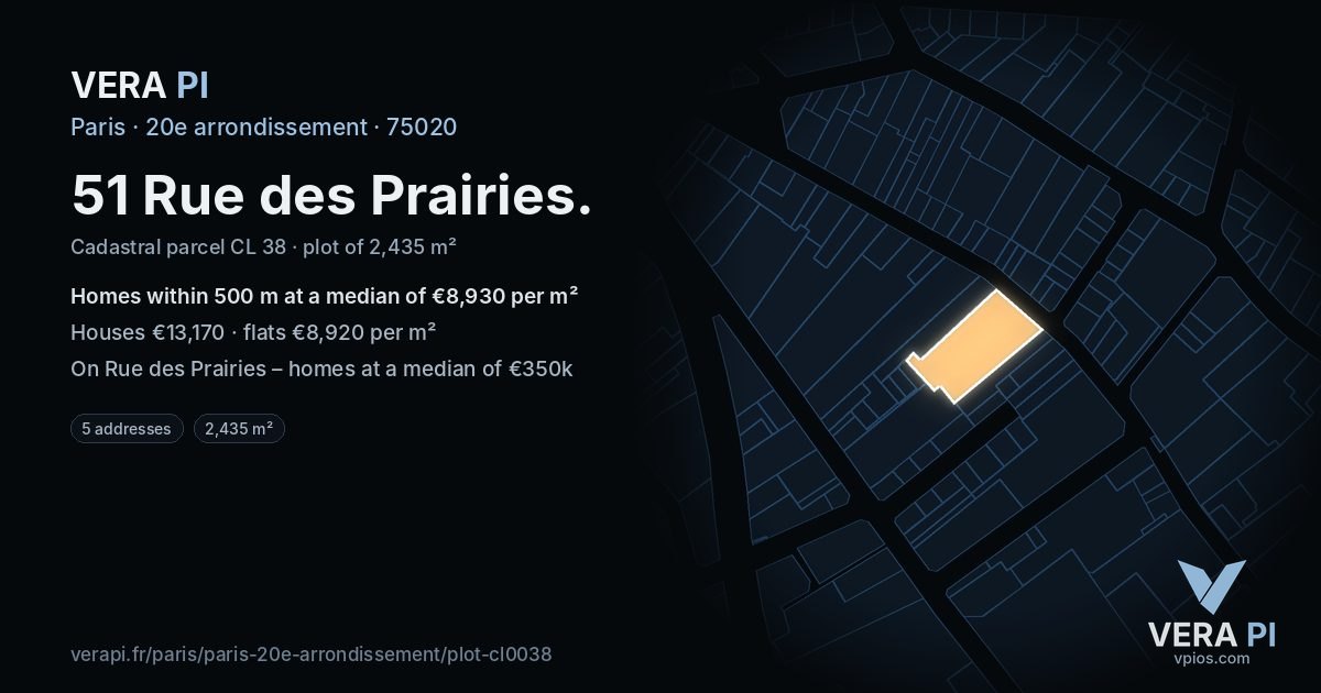 51 Rue des Prairies, 20e arrondissement at night – the plot lit, the parcels around coloured by the prices near them