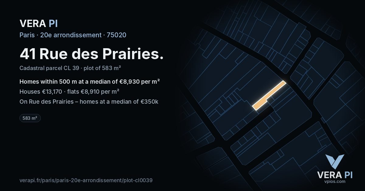 41 Rue des Prairies, 20e arrondissement at night – the plot lit, the parcels around coloured by the prices near them