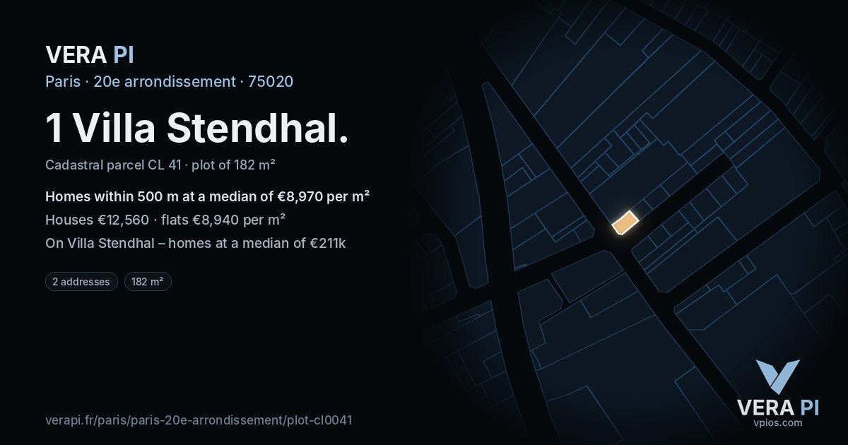 1 Villa Stendhal, 20e arrondissement at night – the plot lit, the parcels around coloured by the prices near them