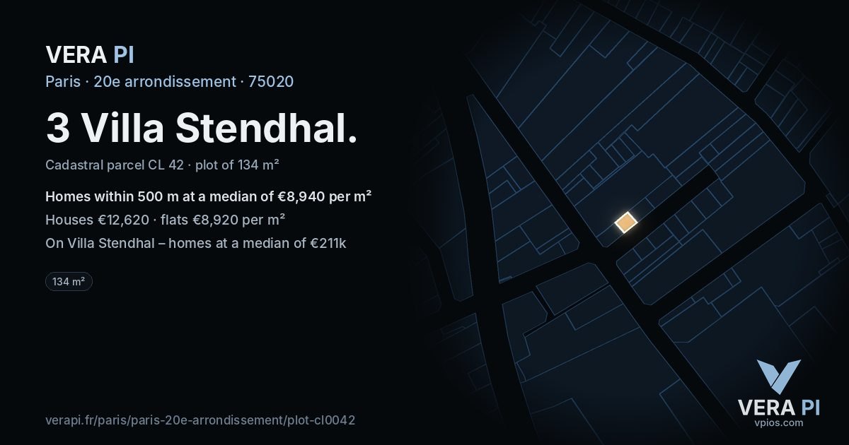 3 Villa Stendhal, 20e arrondissement at night – the plot lit, the parcels around coloured by the prices near them