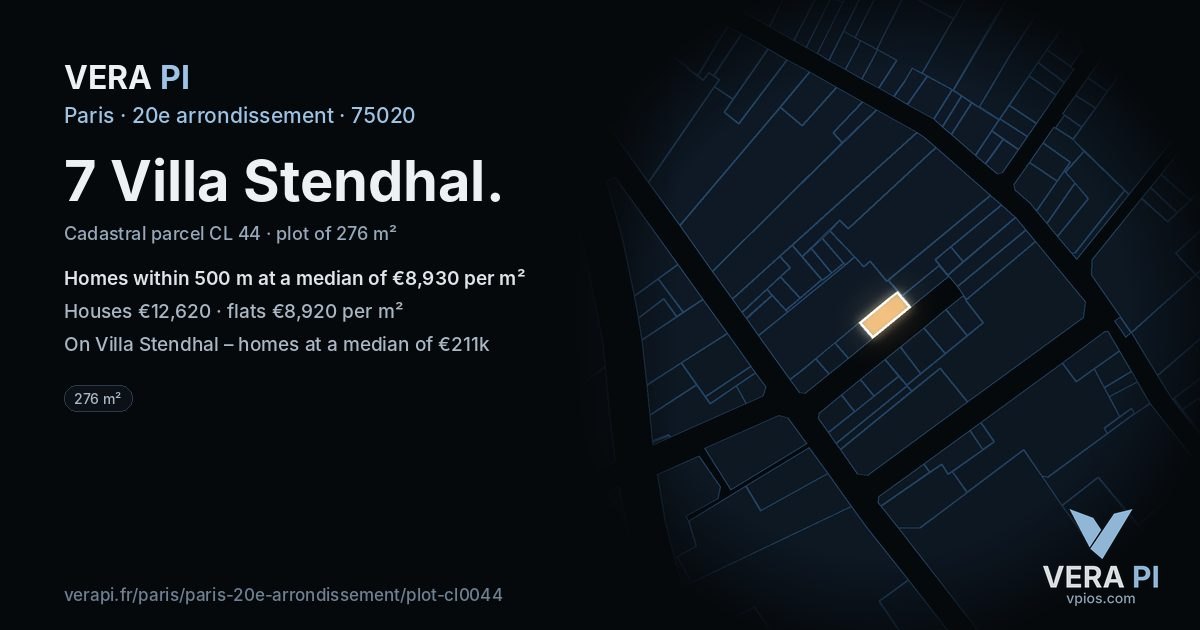 7 Villa Stendhal, 20e arrondissement at night – the plot lit, the parcels around coloured by the prices near them