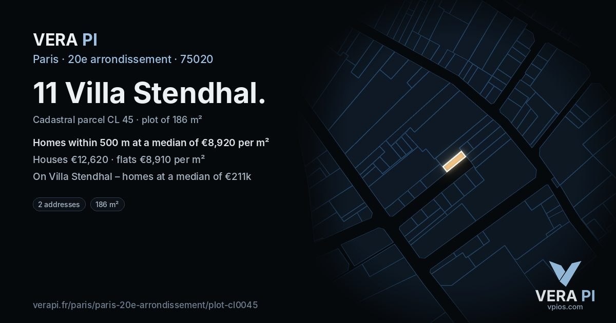11 Villa Stendhal, 20e arrondissement at night – the plot lit, the parcels around coloured by the prices near them