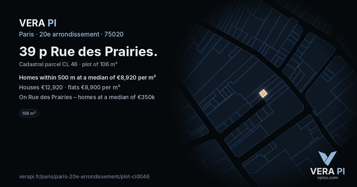39 p Rue des Prairies, 20e arrondissement at night – the plot lit, the parcels around coloured by the prices near them