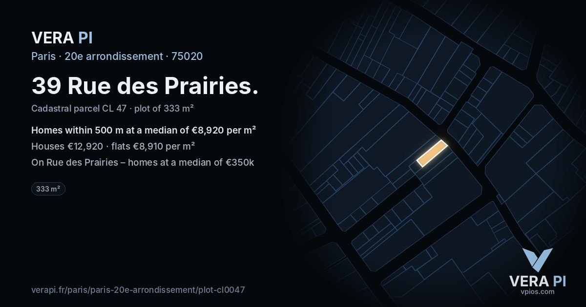 39 Rue des Prairies, 20e arrondissement at night – the plot lit, the parcels around coloured by the prices near them