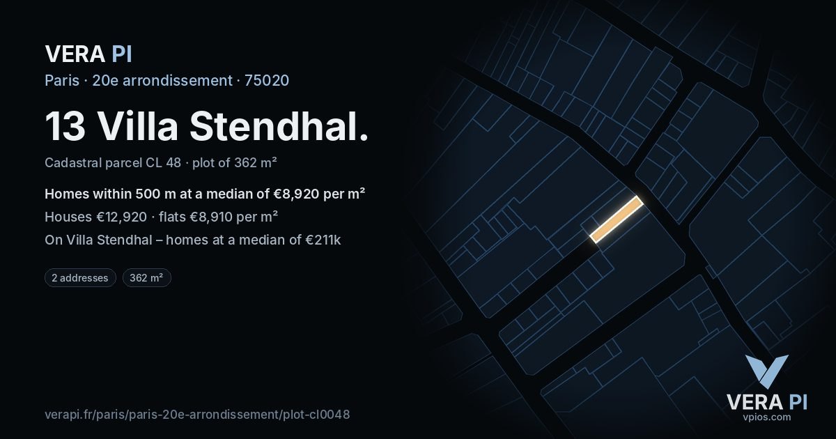 13 Villa Stendhal, 20e arrondissement at night – the plot lit, the parcels around coloured by the prices near them