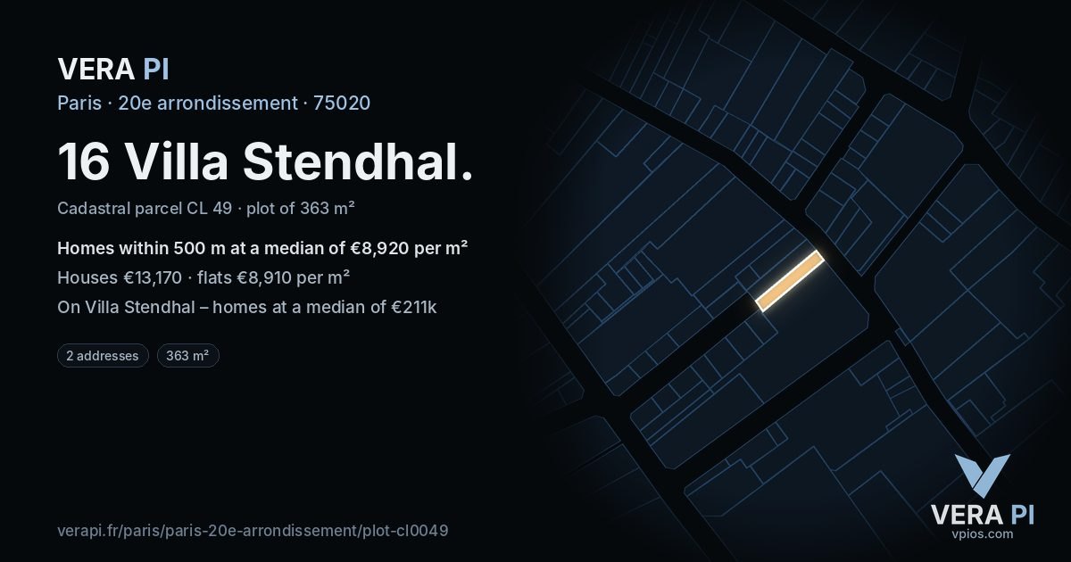 16 Villa Stendhal, 20e arrondissement at night – the plot lit, the parcels around coloured by the prices near them
