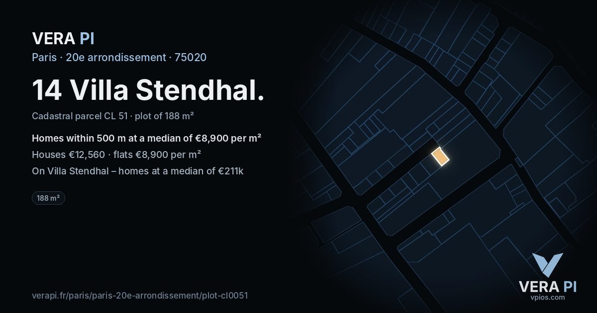 14 Villa Stendhal, 20e arrondissement at night – the plot lit, the parcels around coloured by the prices near them