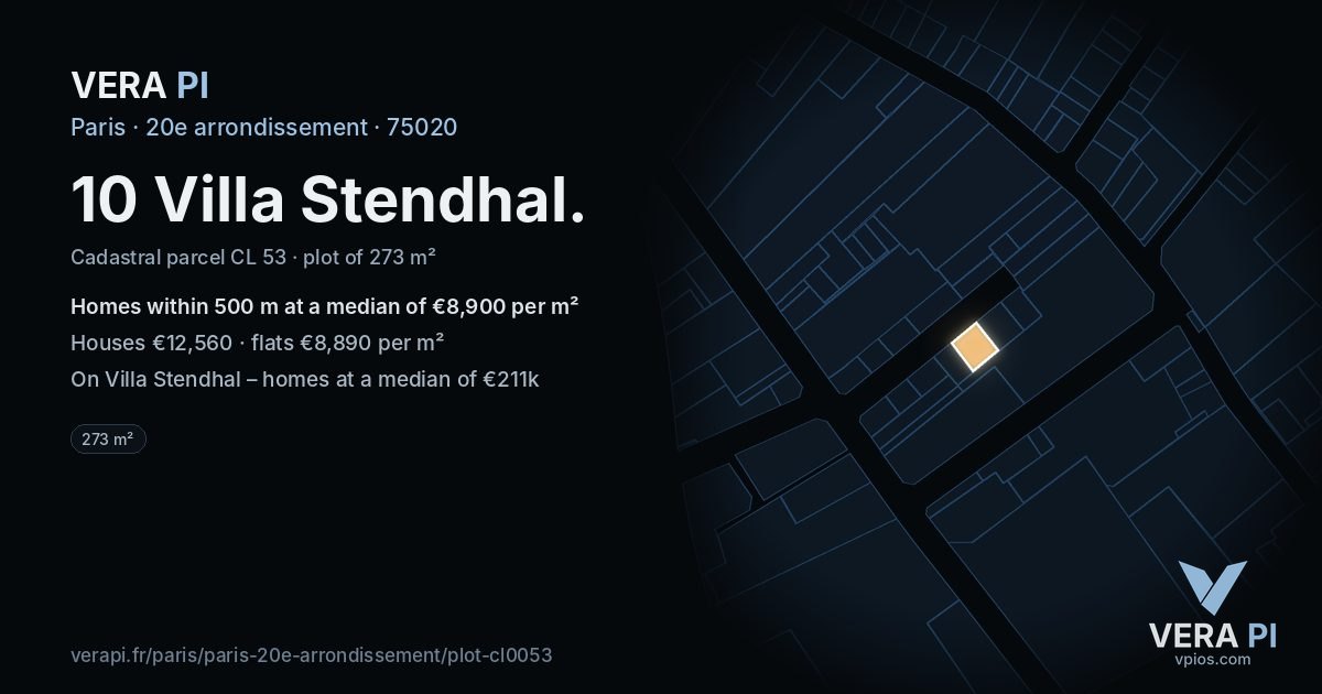 10 Villa Stendhal, 20e arrondissement at night – the plot lit, the parcels around coloured by the prices near them