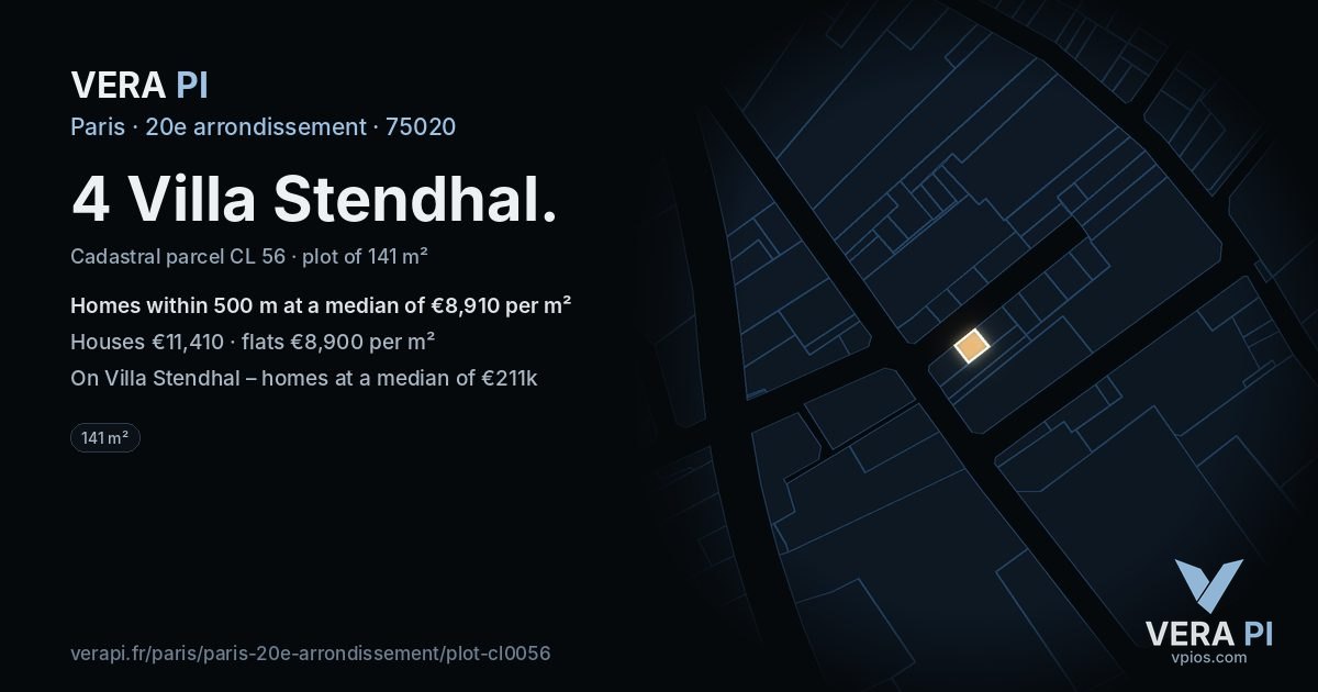 4 Villa Stendhal, 20e arrondissement at night – the plot lit, the parcels around coloured by the prices near them