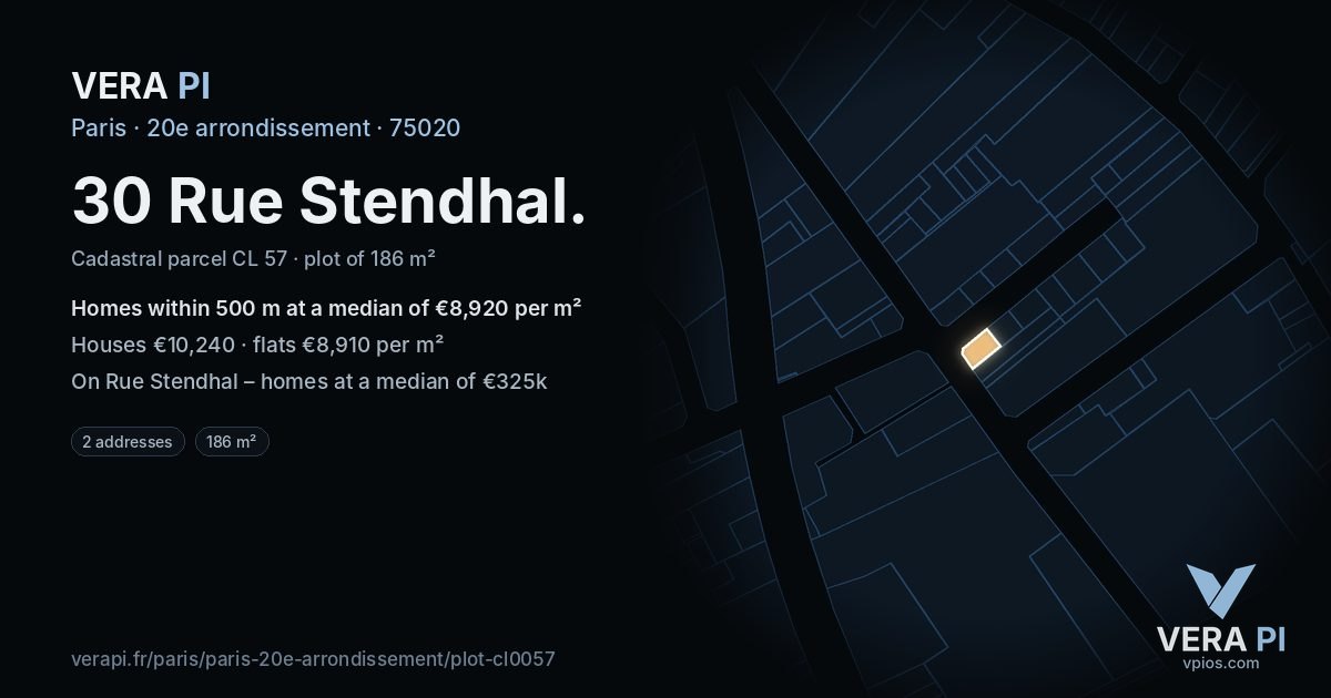 30 Rue Stendhal, 20e arrondissement at night – the plot lit, the parcels around coloured by the prices near them