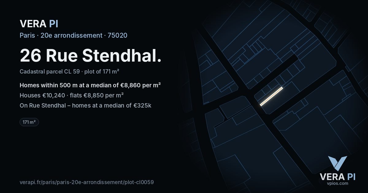 26 Rue Stendhal, 20e arrondissement at night – the plot lit, the parcels around coloured by the prices near them