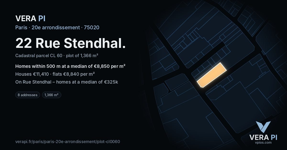 22 Rue Stendhal, 20e arrondissement at night – the plot lit, the parcels around coloured by the prices near them