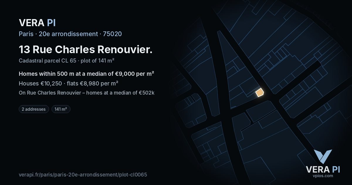 13 Rue Charles Renouvier, 20e arrondissement at night – the plot lit, the parcels around coloured by the prices near them