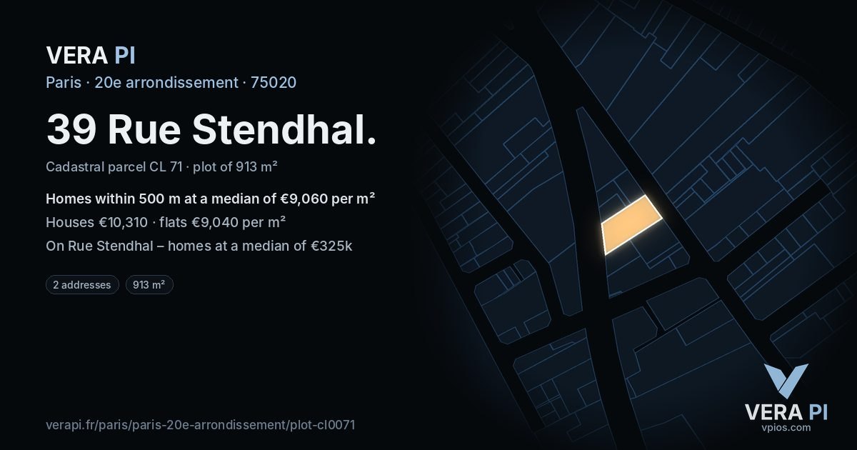 39 Rue Stendhal, 20e arrondissement at night – the plot lit, the parcels around coloured by the prices near them