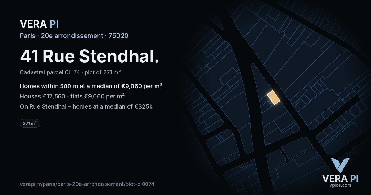41 Rue Stendhal, 20e arrondissement at night – the plot lit, the parcels around coloured by the prices near them