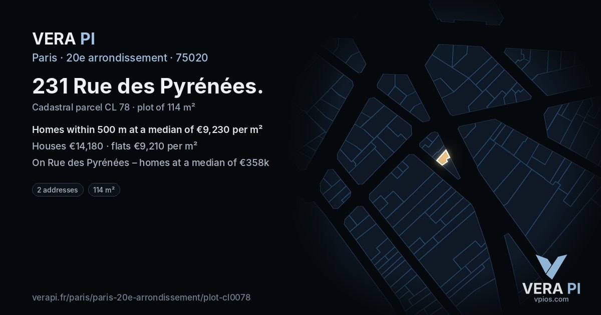 231 Rue des Pyrénées, 20e arrondissement at night – the plot lit, the parcels around coloured by the prices near them
