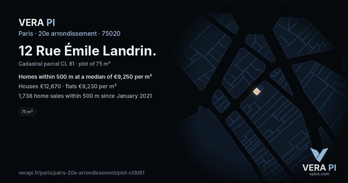 12 Rue Émile Landrin, 20e arrondissement at night – the plot lit, the parcels around coloured by the prices near them