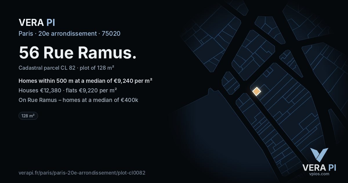 56 Rue Ramus, 20e arrondissement at night – the plot lit, the parcels around coloured by the prices near them