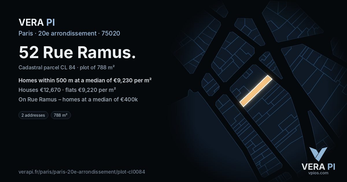 52 Rue Ramus, 20e arrondissement at night – the plot lit, the parcels around coloured by the prices near them