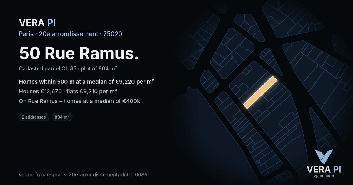 50 Rue Ramus, 20e arrondissement at night – the plot lit, the parcels around coloured by the prices near them