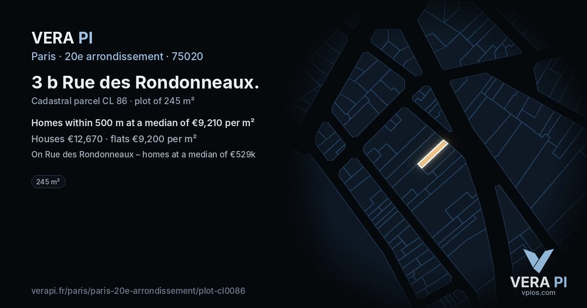 3 b Rue des Rondonneaux, 20e arrondissement at night – the plot lit, the parcels around coloured by the prices near them