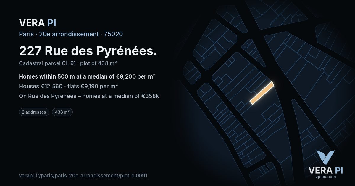 227 Rue des Pyrénées, 20e arrondissement at night – the plot lit, the parcels around coloured by the prices near them