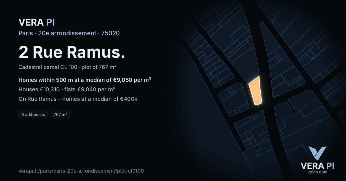 2 Rue Ramus, 20e arrondissement at night – the plot lit, the parcels around coloured by the prices near them