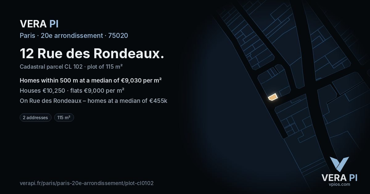 12 Rue des Rondeaux, 20e arrondissement at night – the plot lit, the parcels around coloured by the prices near them