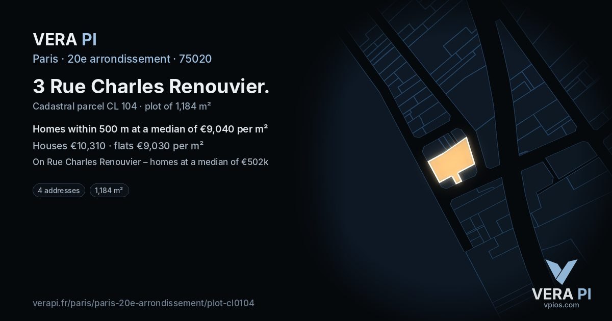 3 Rue Charles Renouvier, 20e arrondissement at night – the plot lit, the parcels around coloured by the prices near them