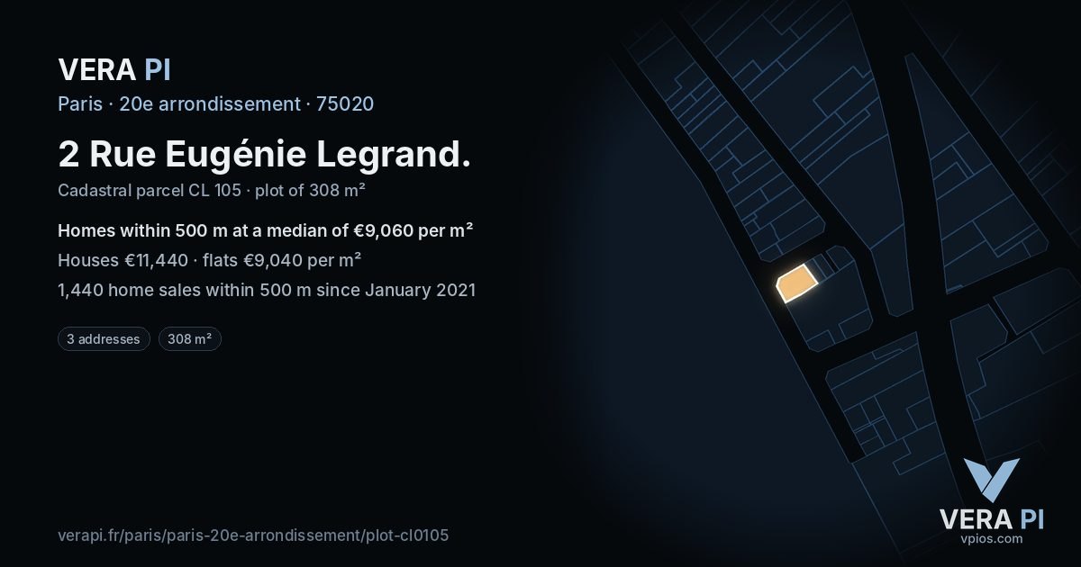 2 Rue Eugénie Legrand, 20e arrondissement at night – the plot lit, the parcels around coloured by the prices near them