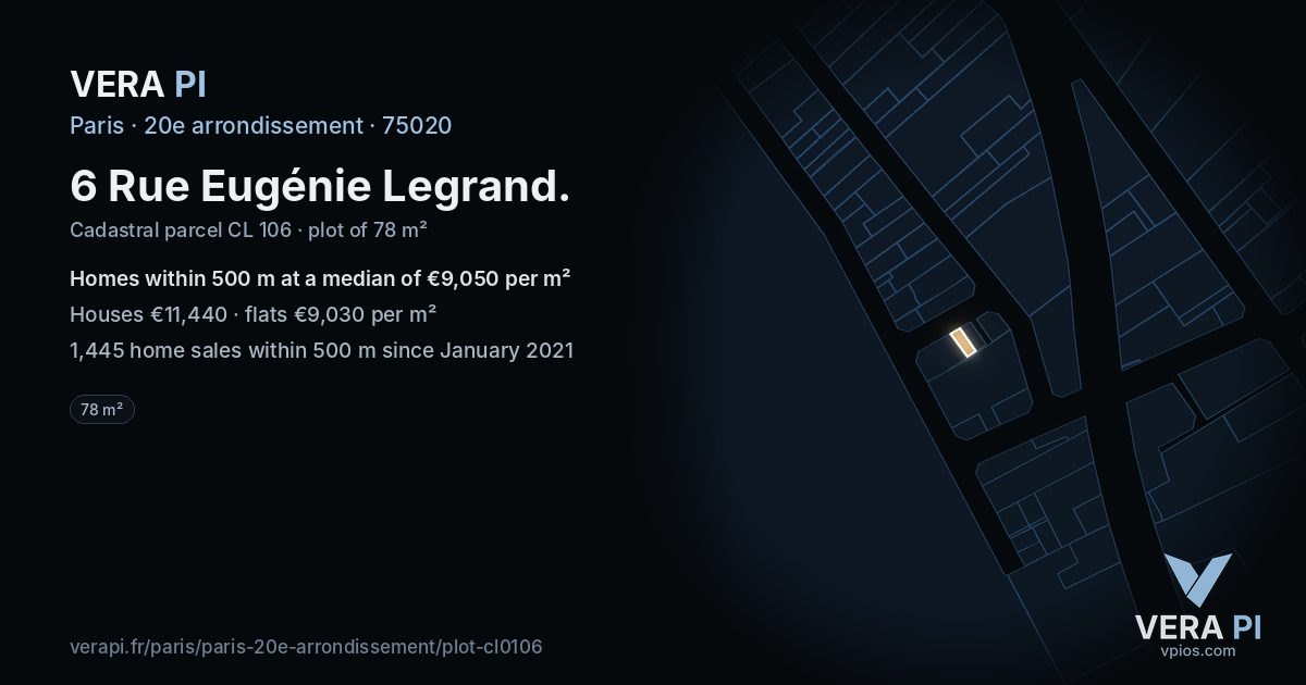 6 Rue Eugénie Legrand, 20e arrondissement at night – the plot lit, the parcels around coloured by the prices near them