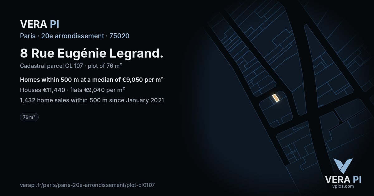 8 Rue Eugénie Legrand, 20e arrondissement at night – the plot lit, the parcels around coloured by the prices near them