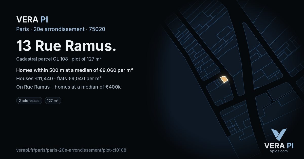 13 Rue Ramus, 20e arrondissement at night – the plot lit, the parcels around coloured by the prices near them