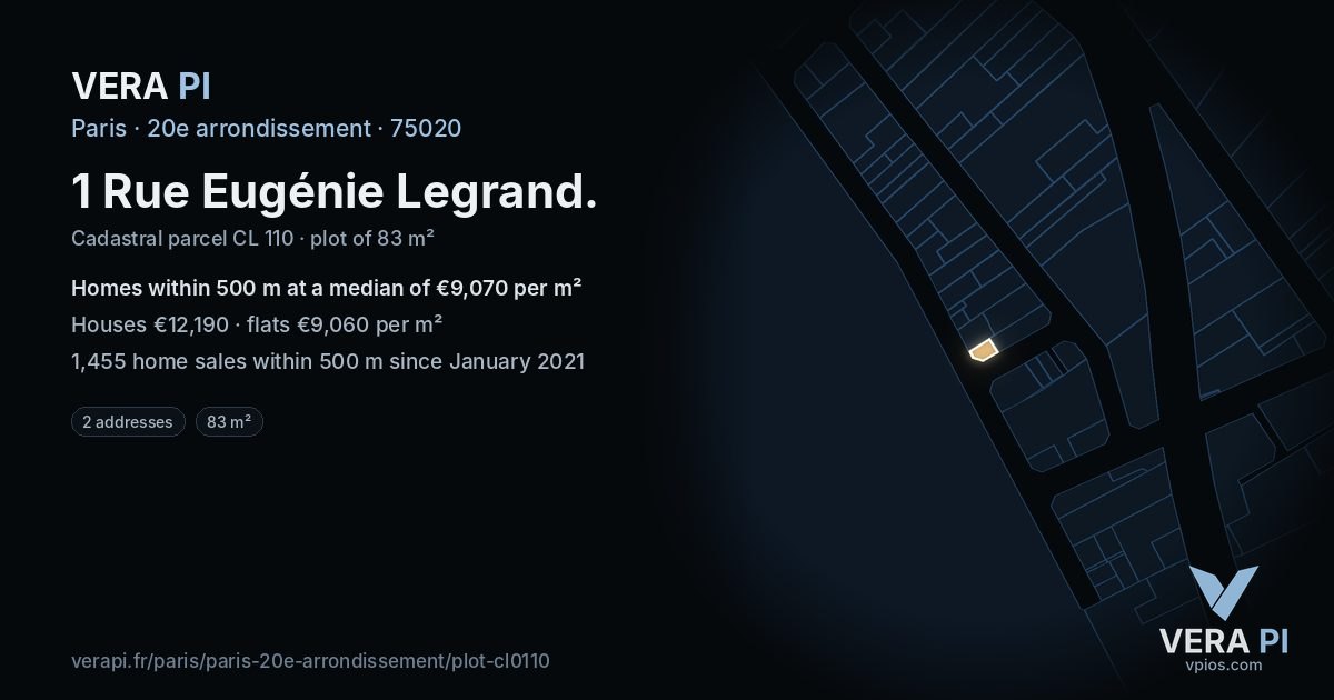 1 Rue Eugénie Legrand, 20e arrondissement at night – the plot lit, the parcels around coloured by the prices near them