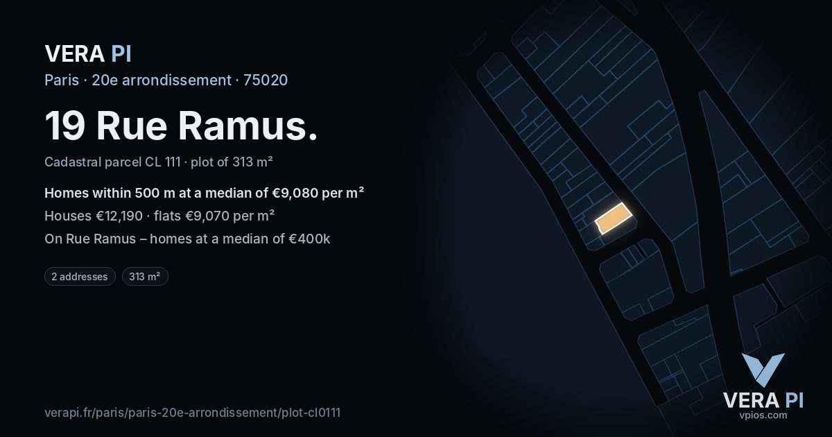 19 Rue Ramus, 20e arrondissement at night – the plot lit, the parcels around coloured by the prices near them