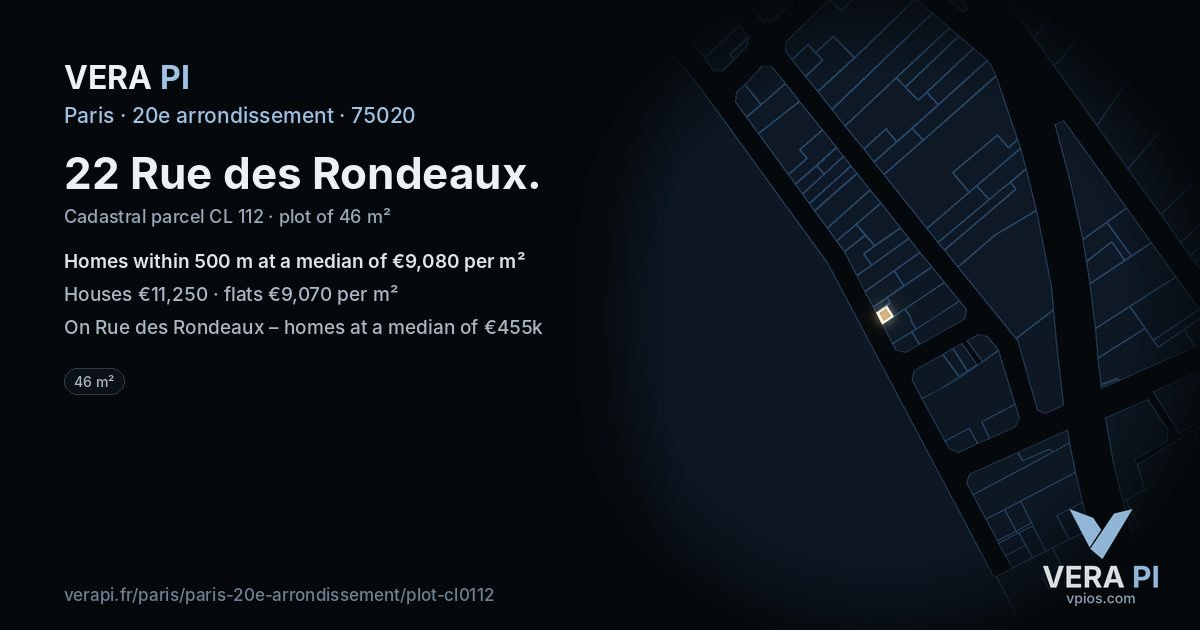 22 Rue des Rondeaux, 20e arrondissement at night – the plot lit, the parcels around coloured by the prices near them