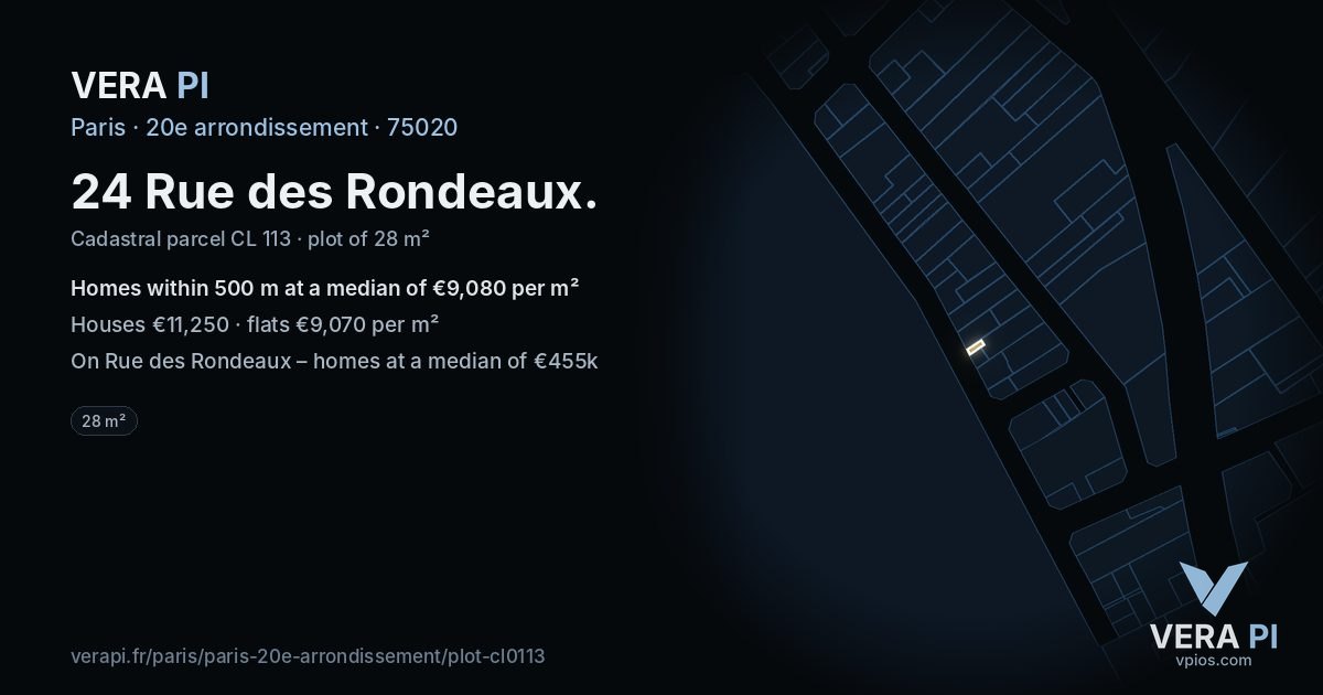 24 Rue des Rondeaux, 20e arrondissement at night – the plot lit, the parcels around coloured by the prices near them