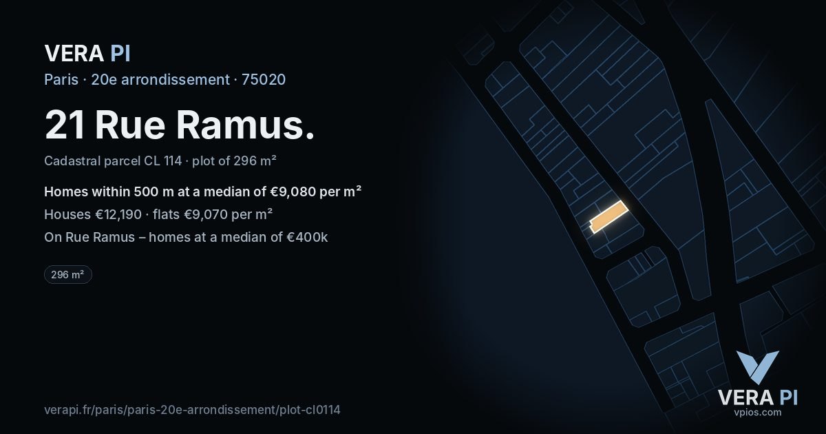21 Rue Ramus, 20e arrondissement at night – the plot lit, the parcels around coloured by the prices near them